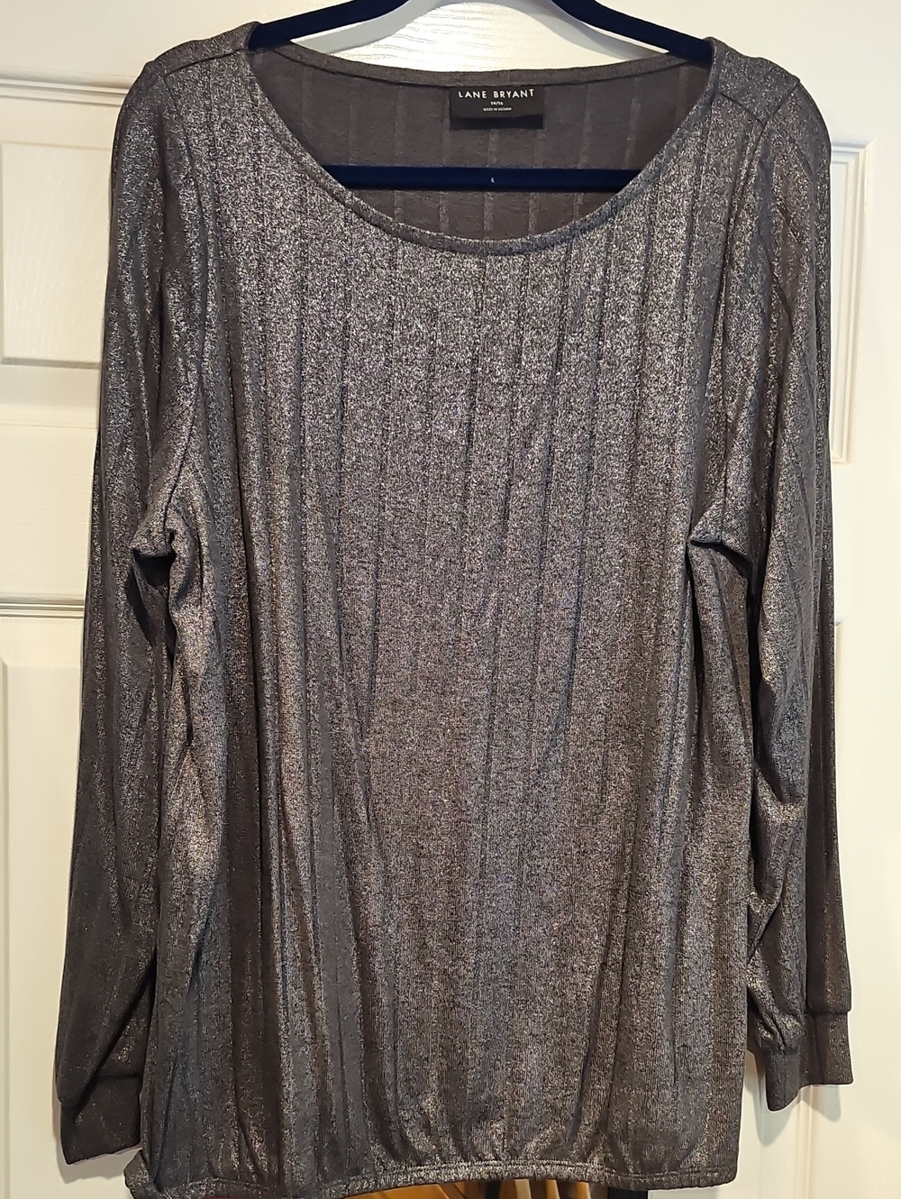 Lane Bryant Silver Metallic Ribbed Long Sleeve Scoop Top